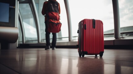 Traveler red suitcase at the airport before departure, world tourism day concept, Generative AI