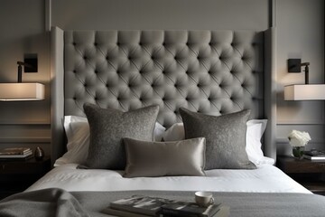 A chic and sophisticated bedroom featuring an oversized upholstered headboard and a charming wall-mounted reading light, all against a neutral gray color scheme, generative ai