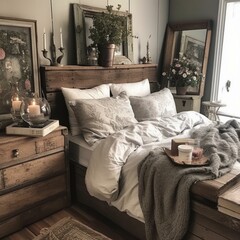 A rustic Shabby Chic Bedroom with a reclaimed wooden dresser and textured linen pillows, generative ai