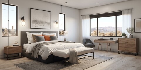A modern Scandinavian Bedroom with clean lines, statement lighting, and pops of color, generative ai