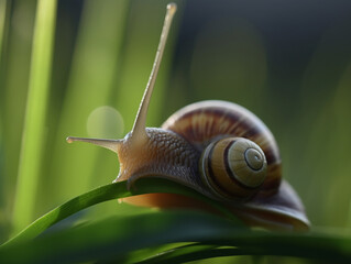 A Close Up of a Snail Climbing Up a Blade of Grass | Generative AI