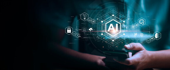 Businessman touching the brain working of Artificial Intelligence (AI)