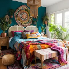 A vibrant Boho Chic Bedroom with eclectic furniture and playful fringe elements, generative ai