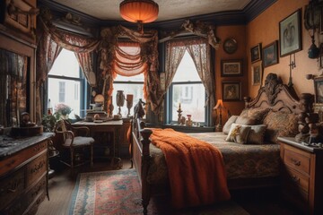 A whimsical Victorian bedroom with playful fringe accents and eclectic decor, generative ai
