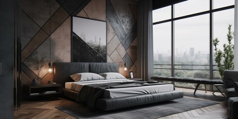 A sophisticated Bedroom featuring leather and concrete textures, with a focal point being the striking geometric wall decor and bold, oversized art pieces, generative ai