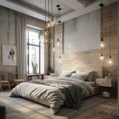 A chic, urban bedroom with light wood accents, a textured white accent wall, and industrial-style pendant lighting, generative ai