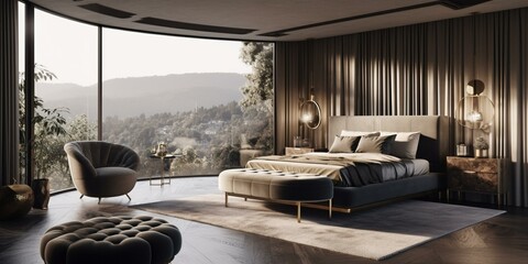 A sleek Mid-Century Modern bedroom featuring iconic furniture pieces and brass lighting fixtures, generative ai