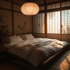 A traditional Japanese Bedroom with all-white silken bedding, tatami mats, and soft lighting, generative ai
