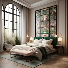 A modern Art Nouveau Bedroom with a clean and fresh aesthetic, highlighted by a stunning stained glass wall, a sleek platform bed, and contemporary accent chairs, generative ai