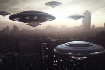 Naklejka na ściany i meble attack of flying alien ufo saucers on the city 3d render. Generative AI