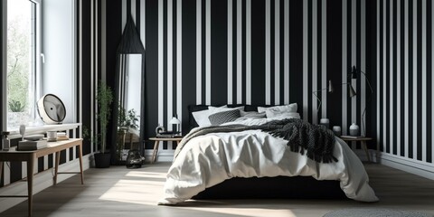 A minimalist English Bedroom with a chic black and white stripes feature wall, simple wooden furniture, and bright white tasselled bedding, generative ai