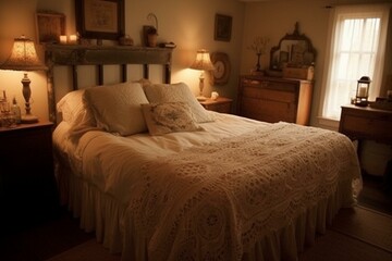 A vintage farmhouse bedroom with lace doilies, burlap lampshades and distressed furniture, generative ai