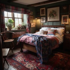 A rustic English bedroom with a plaid wool throw and floral rug, generative ai