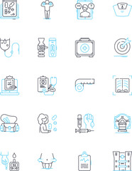 Medical service linear icons set. Diagnosis, Treatment, Surgery, Rehabilitation, Prevention, Medicine, Health line vector and concept signs. Wellness,Diagnosis,Consultation outline illustrations