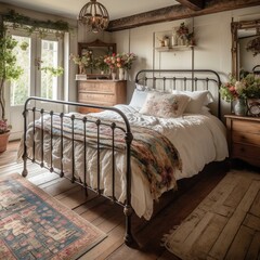 A charming French Country Bedroom with a vintage iron bed, floral accents, and rustic wooden floorboards, generative ai