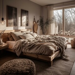 A cozy Scandinavian Bedroom filled with natural textures and warm lighting, generative ai