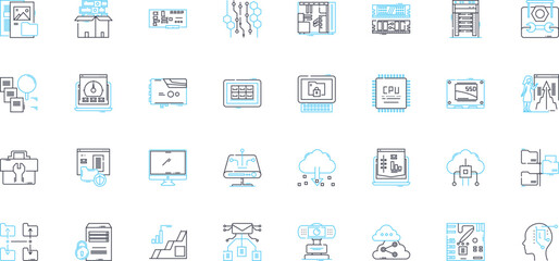 Electronic technology linear icons set. Circuits, Semiconductors, Compnts, Microcontrollers, Transistors, Diodes, LEDs line vector and concept signs. Resistors,Capacitors,Transformers outline