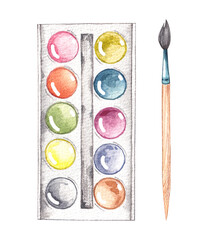 Naklejka premium Watercolor paints and a brush on a white background