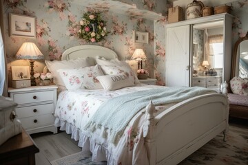 A pristine Country bedroom with a chic farmhouse flair, adorning the interior with regal floral prints and dainty gingham textures, generative ai
