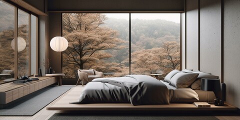 A sophisticated Japanese-inspired Bedroom featuring luxe silk drapes and a floating platform bed, generative ai