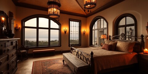 A cozy Mediterranean Bedroom showcasing an ornately wrought iron bed frame and pendant light fixtures, generative ai