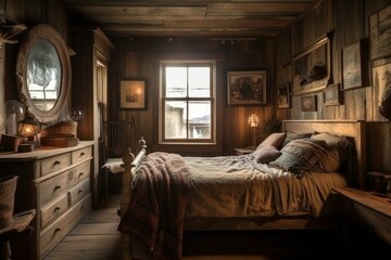 A rustic Retro Bedroom with antique wood furniture and layered textures for a cozy cabin feel, generative ai