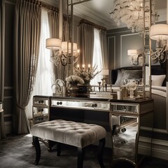 A Hollywood Regency bedroom fit for royalty with a mirrored dressing table and ornate metallic sconces, generative ai