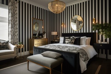 A classic English Bedroom with a timeless black and white stripes wallpaper, elegant white furniture, and gold accents throughout, generative ai