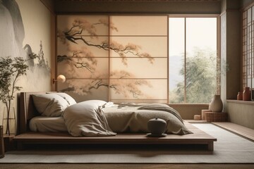 A tranquil Japanese-inspired Bedroom reflecting nature through the use of rice paper textures and earth tones, generative ai