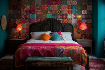 A vibrant bedroom with a playful ambiance, using colorful Moroccan textiles, bold patterns, and a statement mosaic wall as the focal point, generative ai