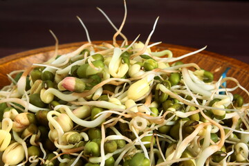 heap of sprouted green mung or moong beans also known as green gram beans for indian gujarati food or salad