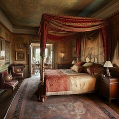 A lavish Bedroom replete with a decadent canopy bed, luxurious woven carpets, and majestic frescoed walls, generative ai