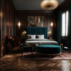 A moody Art Deco bedroom that exudes passion and class, featuring exotic woods textures, jewel-tone velvet seating, and dramatic lighting, generative ai