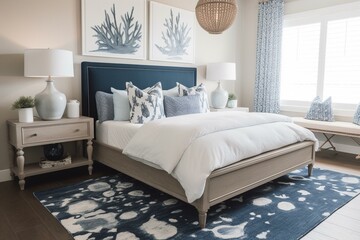 A coastal Nautical Bedroom showcasing a navy blue upholstered bed, whitewashed nightstands, a starfish print rug, and a seaglass pendant light, generative ai