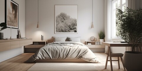 A monochromatic Scandinavian Bedroom with a focus on texture and simplicity, generative ai