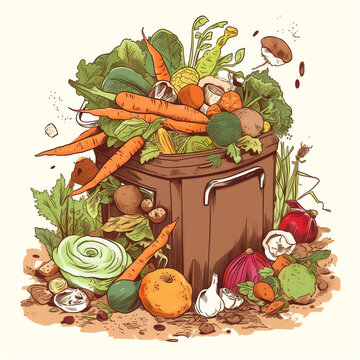 Composting: Illustration of compost bin with food scraps and yard waste to promote composting and reduce organic waste. Generative AI.