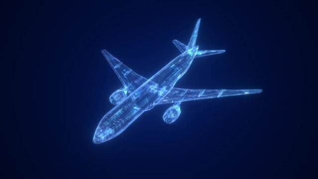 Blue digital technology airliner, airplan model demonstration animation, airliner internal structure teaching display.