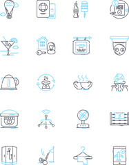 Lodging industry linear icons set. Accommodation, Hospitality, Tourism, Lodging, Travel, Hotel, Motel line vector and concept signs. Resort,Hostel,Vacation outline illustrations