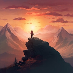 Person on top of a majestic mountain landscape with sunset in the background. Image of overcoming and conquest. Young man standing on the edge at the top of mountain. 3D realistic illustration. Creati