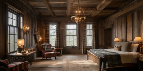 Obraz na płótnie Canvas A Rustic Lodge Bedroom with a distressed wood paneling, a brass chandelier, and a plaid armchair, generative ai