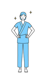 両手を腰に当てた中年・シニア女性入院患者