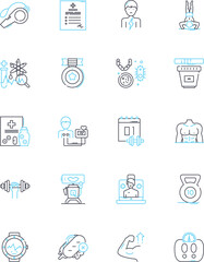 Health service linear icons set. Wellness, Healthcare, Prevention, Treatment, Rehabilitation, Diagnosis, Medicine line vector and concept signs. Nutrition,Fitness,Therapy outline illustrations