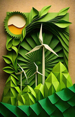 Green Energy Illustrated: Inspiring Artwork Showcasing Sustainable Solutions, paper art and craft style concept. Created using generative AI.