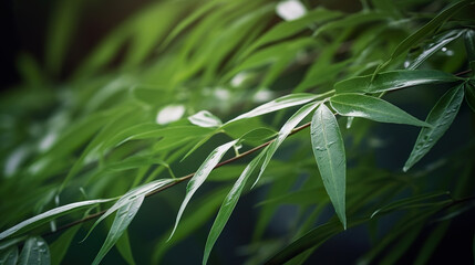 Fototapeta premium Beautiful green bamboo leaves. Bamboo green leaves. Green and yellow bamboo leaves background in the nature. 3D realistic illustration. Creative AI