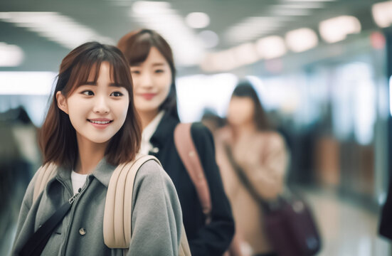 Young Asian women in stylish outfits walk through airport terminal towards boarding gate, excited for holiday vacation abroad. generative AI