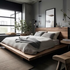 A minimalist Urban Industrial Bedroom with clean lines and natural wood furnishings, generative ai
