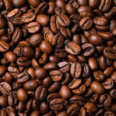 Fototapeta premium Illustration of roasted coffee beans closeup on dark background. Beautiful roasted brown coffee beans background. 3D realistic illustration. Creative AI
