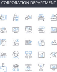 Corporation department line icons collection. Executive suite, Agency division, Government branch, Judicial chamber, Legislative assembly, Business unit, Marketing team vector and linear illustration
