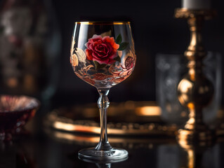 Beautiful wine glass with rose wine. Beautiful fully ornamented wine glass. Luxury glass. 3D realistic illustration. Creative AI