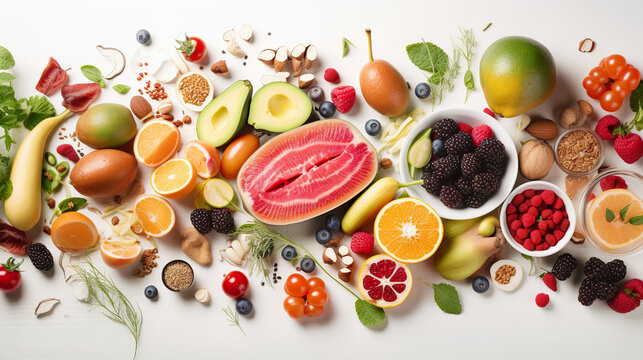 Food background fruits vegetables and berries on a white wooden background. Beautiful wallpaper about health and fitness. 3D realistic illustration. Creative AI